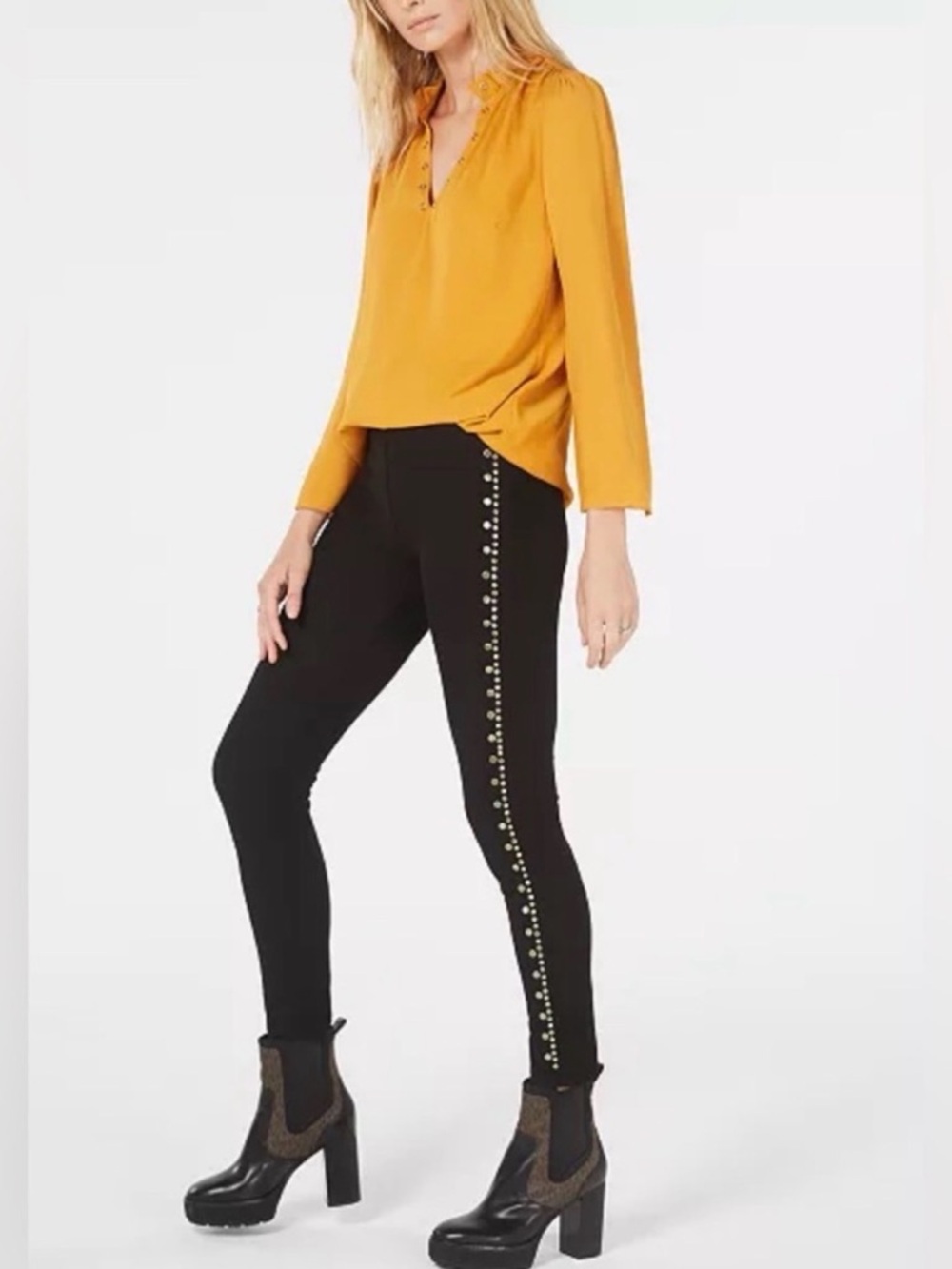 MICHAEL KORS Black Gold Studded Leggings XS Pull On Skinny Stretch Pants